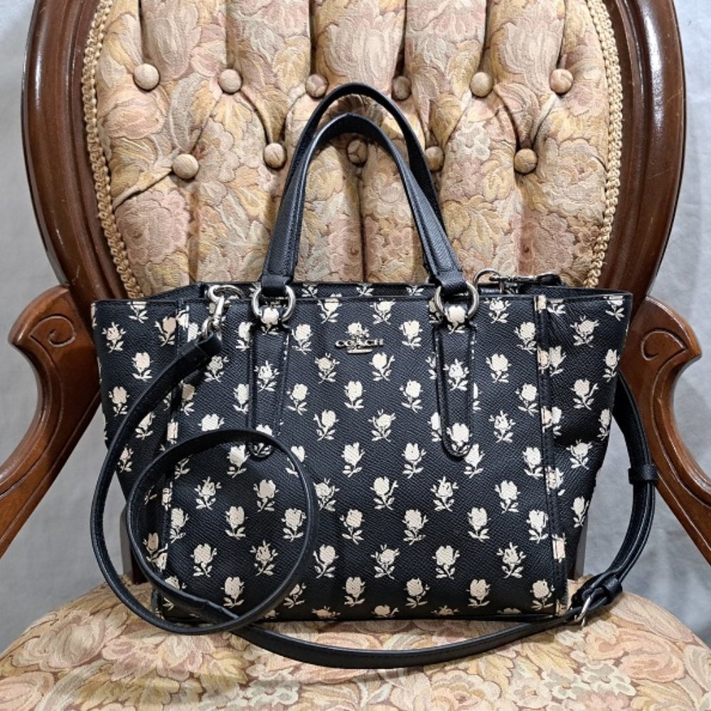 Coach Mini Crosby Shoulder/Cross body Tote Bag Ditzy Rose Print on Black Leather